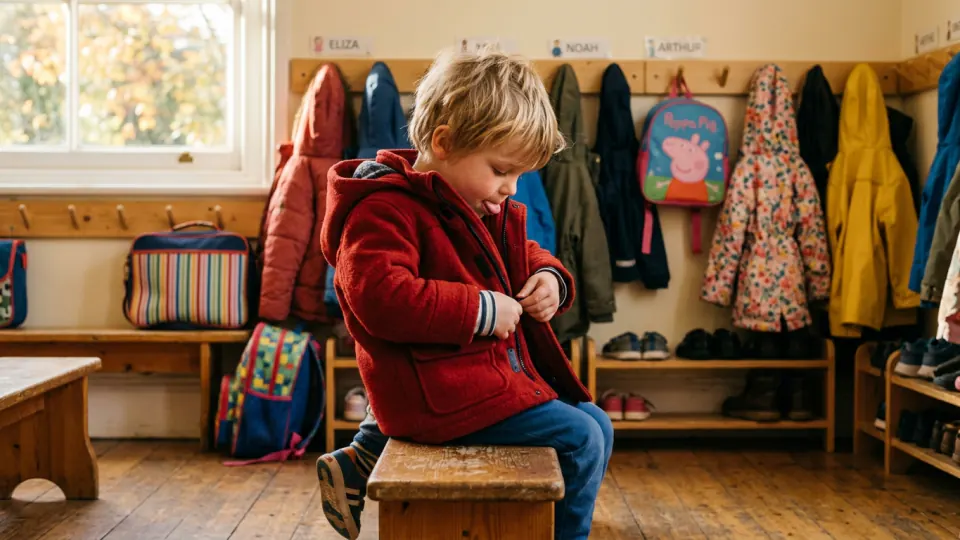 A young child sitting on a low bench in a nursery cloakroom, doing up their own coat, with a row of pegs and coats behind them
