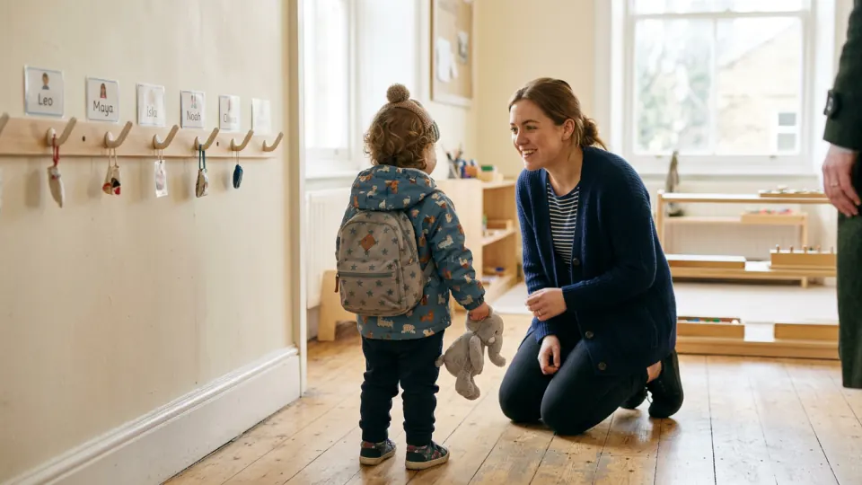 A key person kneeling at a child’s height by the door of a Montessori room, the child holding a small bag