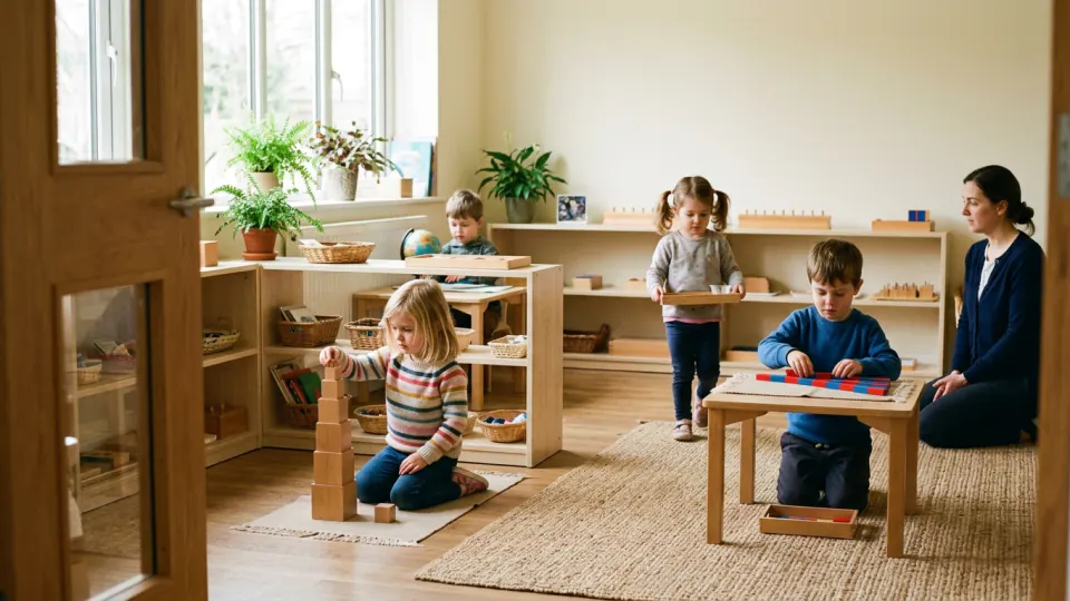 A Montessori classroom mid morning, several children working separately at low tables and on floor mats