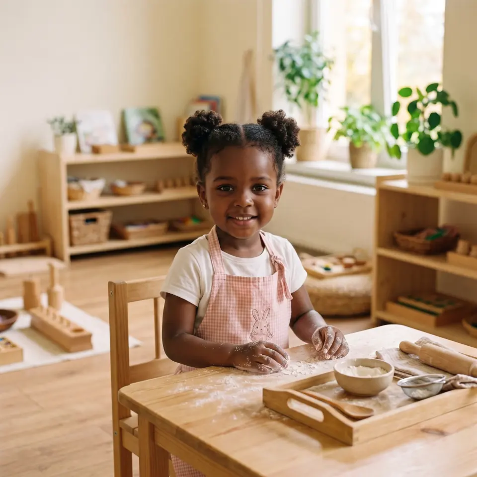 A young child in an apron baking at a wooden table, with flour, a mixing bowl and a rolling pin